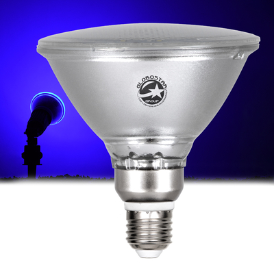 GLOBOSTAR® GARDENPAR 60231 Σποτ E27 PAR38 Σκληρού Υάλου LED 18W 1200lm 60° AC 220-240V Αδιάβροχο IP65 Μπλε - Μ12 x Π12 x Υ13cm - 3 Χρόνια Εγγύηση