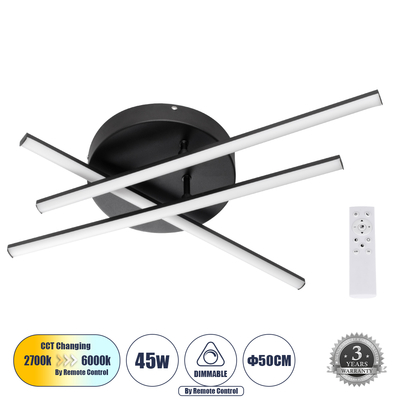 GLOBOSTAR® DRACO 61093 Μοντέρνο Φωτιστικό Οροφής LED 45W 5535lm 120° AC 220-240V IP20 Ρυθμιζόμενο Λευκό CCT με Χειριστήριο από 2700K έως 6000K Dimmable - Lumileds SMD Chip - Μαύρο Ματ - Μ50 x Π50 x Υ11cm - 3 Χρόνια Εγγύηση