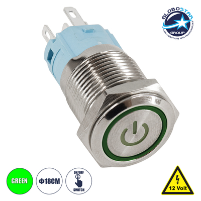 GLOBOSTAR® BUTTON 70782 Φωτιζόμενος Χωνευτός Διακόπτης On/Off LED DC 12V 1 x 3A 690W Max Αδιάβροχο IP65 Πράσινο - Μ1.8 x Π1.8 x Υ2cm