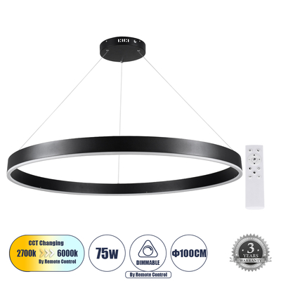 GLOBOSTAR® VENOM 61182 Μοντέρνο Κρεμαστό Φωτιστικό Οροφής LED 75W 8818lm 120° AC 220-240V IP20 Ρυθμιζόμενο Λευκό CCT με Χειριστήριο από 2700K έως 6000K Dimmable - Lumileds SMD Chip - Μαύρο Ματ - Μ100 x Π100 x Υ6.5cm - 3 Χρόνια Εγγύηση