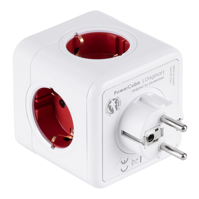 GLOBOSTAR® POWERCUBE 79628 Πολύπριζο 5 Θέσεων με 5 x EU Schuko Πρίζες Ασφαλείας Childproof AC 220-240V 3680W/16A Max Load IP20 - Λευκό & Κόκκινο - Μ7.5 x Π11.5 x Υ7.5cm
