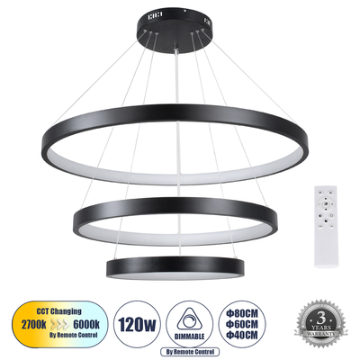 GLOBOSTAR® NEMESIS TRIO 61170 Μοντέρνο Κρεμαστό Φωτιστικό Οροφής LED 120W 14723lm 360° AC 220-240V IP20 Ρυθμιζόμενο Λευκό CCT με Χειριστήριο από 2700K έως 6000K Dimmable - Lumileds SMD Chip - Μαύρο Ματ - Μ80 x Π80 x Υ80cm - 3 Χρόνια Εγγύηση