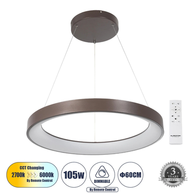 GLOBOSTAR® SALEM 61248 Μοντέρνο Κρεμαστό Φωτιστικό Οροφής LED 105W 12075lm 120° AC 220-240V IP20 Ρυθμιζόμενο Λευκό CCT με Χειριστήριο από 2700K έως 6000K Dimmable - Lumileds SMD Chip - Χάλκινο & Καφέ - Μ60 x Π60 x Υ7cm - 3 Χρόνια Εγγύηση