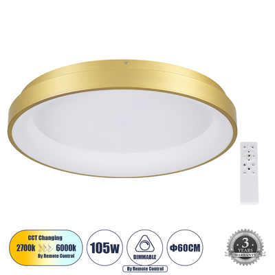 GLOBOSTAR® SALEM 61239 Μοντέρνο Φωτιστικό Οροφής LED 105W 12075lm 120° AC 220-240V IP20 Ρυθμιζόμενο Λευκό CCT με Χειριστήριο από 2700K έως 6000K Dimmable - Lumileds SMD Chip - Χρυσό - Μ60 x Π60 x Υ8.5cm - 3 Χρόνια Εγγύηση