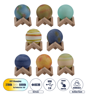 GloboStar® MOON 79609 Επιτραπέζιο Φωτιστικό Πορτατίφ LED 2W 120lm 360° DC 5V IP20 CCT Θερμό Λευκό 2700K - Φυσικό Λευκό 4500K - Ψυχρό Λευκό 6000K Dimmable Πολύχρωμο Πλαστικό με Μπεζ Ξύλο - Μ8 x Π8 x Υ11cm - ΣΕΤ 8 Τεμαχίων - 2 Xρόνια Εγγύηση