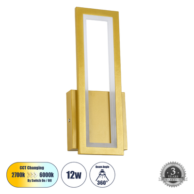GLOBOSTAR® TIARA 61328 Μοντέρνο Φωτιστικό Τοίχου - Απλίκα LED 12W 1440lm 300° AC 220-240V IP20 Ρυθμιζόμενο Λευκό CCT με On/Off 2700K/4500K/6000K - Lumileds SMD Chip - Χρυσό Βούρτσας - Μ12.5 x Π4 x Υ32cm - 3 Χρόνια Εγγύηση