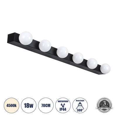 GLOBOSTAR® BELLA 60452 Μοντέρνο Φωτιστικό Τοίχου - Απλίκα Καθρέπτη Μπάνιου LED 18W 2052lm 300° AC 220-240V IP20 Φυσικό Λευκό 4500K - Bridgelux COB Chip & TÜV SÜD Driver - Μαύρο Ματ - Μ70 x Π11 x Υ6cm - 3 Χρόνια Εγγύηση