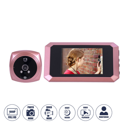 GloboStar® 86064 Επαναφορτιζόμενη Ψηφιακή Έξυπνη Camera Εξώπορτας 90° Μοιρών με Έγχρωμη Οθόνη 4.1 Inches - USB - Νυχτερινή Όραση με LED IR - Κουδούνι - Ροζ