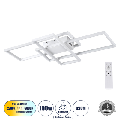 GLOBOSTAR® QUADRA 61386 Μοντέρνο Φωτιστικό Οροφής LED 100W 12000lm 120° AC 220-240V IP20 Ρυθμιζόμενο Λευκό CCT με Χειριστήριο από 2700K έως 6000K Dimmable - Lumileds SMD Chip - Λευκό Ματ - Μ85 x Π45 x Υ9cm - 3 Χρόνια Εγγύηση