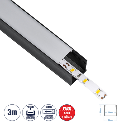 GLOBOSTAR® ALP-LINEAR LIGHTLINE 70869-3M Επιφανειακό Προφίλ Αλουμινίου με Λευκό Γαλακτερό Πατητό Κάλυμμα για Ταινίες LED IP20 - Μαύρο & Λευκό - Μ300 x Π2.3 x Υ2cm - Πακέτο 5 Τεμαχίων
