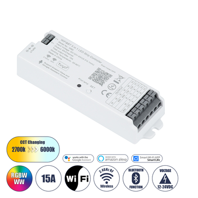 GLOBOSTAR® TUYA-WB5 73008 DC WiFi & Bluetooth Master Dimmer / Controller Υψηλής Ταχύτητας με 5 x 6A 72W Κανάλια DC 12-24V 15A 360W Max IP20 - WiFi & Bluetooth - Μ12.2 x Π3.8 x Υ2.2cm - 5 Χρόνια Εγγύηση