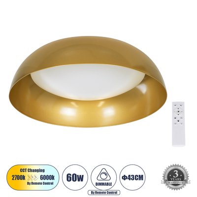 GLOBOSTAR® ANATOLIA 61263 Μοντέρνο Φωτιστικό Οροφής LED 60W 6900lm 120° AC 220-240V IP20 Ρυθμιζόμενο Λευκό CCT με Χειριστήριο από 2700K έως 6000K Dimmable - Lumileds SMD Chip - Χρυσό - Μ43 x Π43 x Υ11cm - 3 Χρόνια Εγγύηση