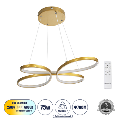 GLOBOSTAR® BUTTERFLY 61393 Μοντέρνο Κρεμαστό Φωτιστικό Οροφής LED 75W 8400lm 300° AC 220-240V IP20 Ρυθμιζόμενο Λευκό CCT με Χειριστήριο από 2700K έως 6000K Dimmable - Lumileds SMD Chip - Χρυσό Βούρτσας - Μ70 x Π55 x Υ4cm - 3 Χρόνια Εγγύηση