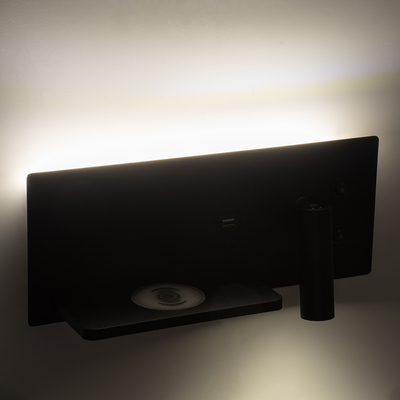 GLOBOSTAR® PALADIN 61351 Μοντέρνο Φωτιστικό Τοίχου - Απλίκα Ξενοδοχείου Reading Light με Φορτιστή USB 3A & Wireless 20W LED 6W 720lm 36° & 360° AC 220-240V IP20 Φυσικό Λευκό 4500K - Bridgelux COB Chip & TÜV SÜD Driver - Μαύρο Ματ - Μ30 x Π11 x Υ12cm - 3 Χρόνια Εγγύηση