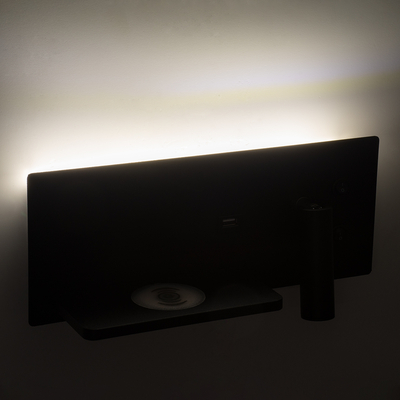 GLOBOSTAR® PALADIN 61351 Μοντέρνο Φωτιστικό Τοίχου - Απλίκα Ξενοδοχείου Reading Light με Φορτιστή USB 3A & Wireless 20W LED 6W 720lm 36° & 360° AC 220-240V IP20 Φυσικό Λευκό 4500K - Bridgelux COB Chip & TÜV SÜD Driver - Μαύρο Ματ - Μ30 x Π11 x Υ12cm - 3 Χρόνια Εγγύηση