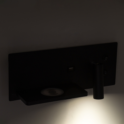 GLOBOSTAR® PALADIN 61351 Μοντέρνο Φωτιστικό Τοίχου - Απλίκα Ξενοδοχείου Reading Light με Φορτιστή USB 3A & Wireless 20W LED 6W 720lm 36° & 360° AC 220-240V IP20 Φυσικό Λευκό 4500K - Bridgelux COB Chip & TÜV SÜD Driver - Μαύρο Ματ - Μ30 x Π11 x Υ12cm - 3 Χρόνια Εγγύηση