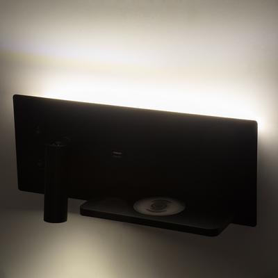 GLOBOSTAR® PALADIN 61352 Μοντέρνο Φωτιστικό Τοίχου - Απλίκα Ξενοδοχείου Reading Light με Φορτιστή USB 3A & Wireless 20W LED 6W 720lm 36° & 360° AC 220-240V IP20 Φυσικό Λευκό 4500K - Bridgelux COB Chip & TÜV SÜD Driver - Μαύρο Ματ - Μ30 x Π11 x Υ12cm - 3 Χρόνια Εγγύηση