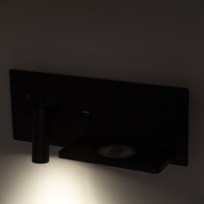 GLOBOSTAR® PALADIN 61352 Μοντέρνο Φωτιστικό Τοίχου - Απλίκα Ξενοδοχείου Reading Light με Φορτιστή USB 3A & Wireless 20W LED 6W 720lm 36° & 360° AC 220-240V IP20 Φυσικό Λευκό 4500K - Bridgelux COB Chip & TÜV SÜD Driver - Μαύρο Ματ - Μ30 x Π11 x Υ12cm - 3 Χρόνια Εγγύηση