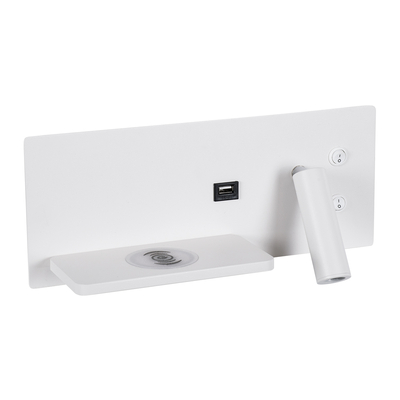 GLOBOSTAR® PALADIN 61353 Μοντέρνο Φωτιστικό Τοίχου - Απλίκα Ξενοδοχείου Reading Light με Φορτιστή USB 3A & Wireless 20W LED 6W 720lm 36° & 360° AC 220-240V IP20 Φυσικό Λευκό 4500K - Bridgelux COB Chip & TÜV SÜD Driver - Λευκό Ματ - Μ30 x Π11 x Υ12cm - 3 Χρόνια Εγγύηση