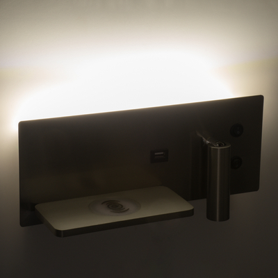 GLOBOSTAR® PALADIN 61355 Μοντέρνο Φωτιστικό Τοίχου - Απλίκα Ξενοδοχείου Reading Light με Φορτιστή USB 3A & Wireless 20W LED 6W 720lm 36° & 360° AC 220-240V IP20 Φυσικό Λευκό 4500K - Bridgelux COB Chip & TÜV SÜD Driver - Νίκελ Βούρτσας - Μ30 x Π11 x Υ12cm - 3 Χρόνια Εγγύηση