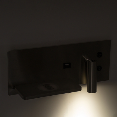 GLOBOSTAR® PALADIN 61355 Μοντέρνο Φωτιστικό Τοίχου - Απλίκα Ξενοδοχείου Reading Light με Φορτιστή USB 3A & Wireless 20W LED 6W 720lm 36° & 360° AC 220-240V IP20 Φυσικό Λευκό 4500K - Bridgelux COB Chip & TÜV SÜD Driver - Νίκελ Βούρτσας - Μ30 x Π11 x Υ12cm - 3 Χρόνια Εγγύηση