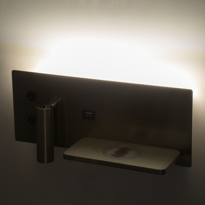 GLOBOSTAR® PALADIN 61356 Μοντέρνο Φωτιστικό Τοίχου - Απλίκα Ξενοδοχείου Reading Light με Φορτιστή USB 3A & Wireless 20W LED 6W 720lm 36° & 360° AC 220-240V IP20 Φυσικό Λευκό 4500K - Bridgelux COB Chip & TÜV SÜD Driver - Νίκελ Βούρτσας - Μ30 x Π11 x Υ12cm - 3 Χρόνια Εγγύηση