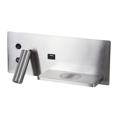 GLOBOSTAR® PALADIN 61356 Μοντέρνο Φωτιστικό Τοίχου - Απλίκα Ξενοδοχείου Reading Light με Φορτιστή USB 3A & Wireless 20W LED 6W 720lm 36° & 360° AC 220-240V IP20 Φυσικό Λευκό 4500K - Bridgelux COB Chip & TÜV SÜD Driver - Νίκελ Βούρτσας - Μ30 x Π11 x Υ12cm - 3 Χρόνια Εγγύηση