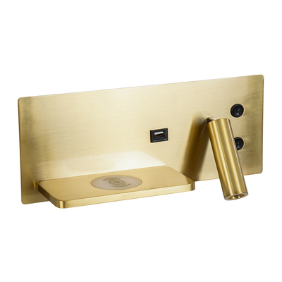 GLOBOSTAR® PALADIN 61357 Μοντέρνο Φωτιστικό Τοίχου - Απλίκα Ξενοδοχείου Reading Light με Φορτιστή USB 3A & Wireless 20W LED 6W 720lm 36° & 360° AC 220-240V IP20 Φυσικό Λευκό 4500K - Bridgelux COB Chip & TÜV SÜD Driver - Χρυσό Βούρτσας - Μ30 x Π11 x Υ12cm - 3 Χρόνια Εγγύηση