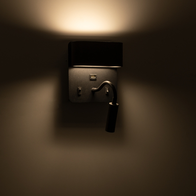 GLOBOSTAR® IBIS 61367 Μοντέρνο Φωτιστικό Τοίχου - Απλίκα Ξενοδοχείου Reading Light με Φορτιστή USB 3A LED 10W 1100lm 36° & 360° AC 220-240V IP20 Φυσικό Λευκό 4500K - Bridgelux COB Chip & TÜV SÜD Driver - Μαύρο Ματ - Μ10 x Π6.1 x Υ18cm - 3 Χρόνια Εγγύηση