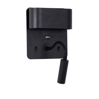 GLOBOSTAR® IBIS 61367 Μοντέρνο Φωτιστικό Τοίχου - Απλίκα Ξενοδοχείου Reading Light με Φορτιστή USB 3A LED 10W 1100lm 36° & 360° AC 220-240V IP20 Φυσικό Λευκό 4500K - Bridgelux COB Chip & TÜV SÜD Driver - Μαύρο Ματ - Μ10 x Π6.1 x Υ18cm - 3 Χρόνια Εγγύηση