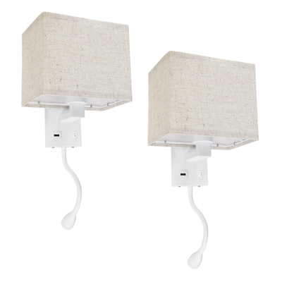 GLOBOSTAR® ROULETTE-S 61383 Μοντέρνο Φωτιστικό Τοίχου - Απλίκα Ξενοδοχείου Reading Light με Φορτιστή USB 3A & Ντουί 1 x E27 LED 3W 360lm 36° & 360° AC 220-240V IP20 Φυσικό Λευκό 4500K - Bridgelux COB Chip & TÜV SÜD Driver - Λευκό & Μπεζ - Μ17 x Π20 x Υ37cm - Σετ 2 Τεμαχίων - 3 Χρόνια Εγγύηση