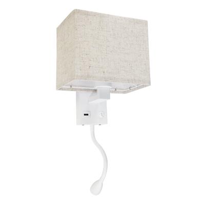 GLOBOSTAR® ROULETTE-S 61383 Μοντέρνο Φωτιστικό Τοίχου - Απλίκα Ξενοδοχείου Reading Light με Φορτιστή USB 3A & Ντουί 1 x E27 LED 3W 360lm 36° & 360° AC 220-240V IP20 Φυσικό Λευκό 4500K - Bridgelux COB Chip & TÜV SÜD Driver - Λευκό & Μπεζ - Μ17 x Π20 x Υ37cm - Σετ 2 Τεμαχίων - 3 Χρόνια Εγγύηση