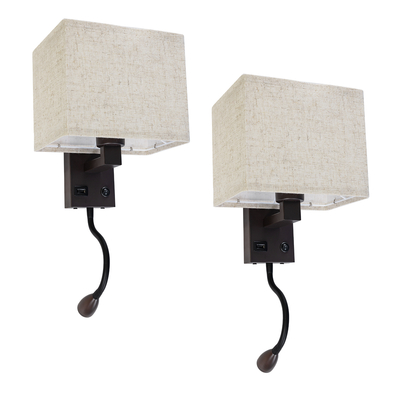 GLOBOSTAR® ROULETTE-S 61384 Μοντέρνο Φωτιστικό Τοίχου - Απλίκα Ξενοδοχείου Reading Light με Φορτιστή USB 3A & Ντουί 1 x E27 LED 3W 360lm 36° & 360° AC 220-240V IP20 Φυσικό Λευκό 4500K - Bridgelux COB Chip & TÜV SÜD Driver - Καφέ & Μπεζ - Μ17 x Π20 x Υ37cm - Σετ 2 Τεμαχίων - 3 Χρόνια Εγγύηση