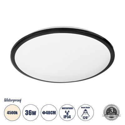 GLOBOSTAR® TUFFIN 60999 Φωτιστικό Πλαφονιέρα Οροφής LED 36W 3960lm 120° AC 220-240V Αδιάβροχο IP54 Φυσικό Λευκό 4500K - Lumileds SMD Chip - Μαύρο Ματ & Λευκό Γαλακτερό - Μ48 x Π48 x Υ6.5cm - 3 Χρόνια Εγγύηση