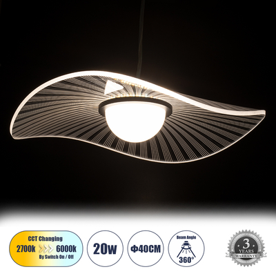 GLOBOSTAR® ACRYLICA 60974 Μοντέρνο Κρεμαστό Φωτιστικό Οροφής LED 20W 2240lm 360° AC 220-240V IP20 Ρυθμιζόμενο Λευκό CCT με On/Off 2700K/4500K/6000K - Lumileds SMD Chip - Διάφανο & Μαύρο Ματ - Μ40 x Π40 x Υ6.5cm - 3 Χρόνια Εγγύηση