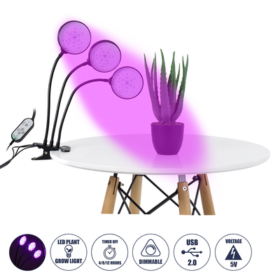 GloboStar® 79652 Grow Light Full Spectrum LED Φωτιστικό Ανάπτυξης Φυτών Γλάστρας με 3 Κινούμενες Κεφαλές & Βάση Clip SMD 2835 15W 160° DC 5V IP20 με Dimmer & Timer Εσωτερικού Χώρου για Κάλυψη Επιφάνειας 1m x 1m Πλήρους Φάσματος Φωτισμού