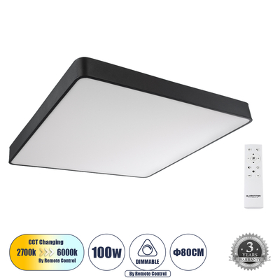 GLOBOSTAR® KAMALA 61210-S Μοντέρνο Φωτιστικό Οροφής LED 100W 11020lm 120° AC 220-240V IP20 Ρυθμιζόμενο Λευκό CCT με Χειριστήριο από 2700K έως 6000K Dimmable - Lumileds SMD Chip - Μαύρο Ματ - Μ80 x Π80 x Υ8cm - 3 Χρόνια Εγγύηση