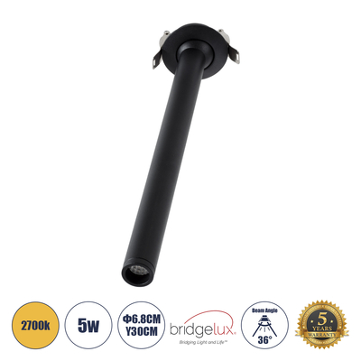 GLOBOSTAR® DALE 60373 Χωνευτό Κινούμενο Downlight Σποτ LED 5W 500lm 36° AC 220-240V IP20 Θερμό Λευκό 2700K - Bridgelux COB Chip & TÜV SÜD Driver - Μαύρο Ματ - Μ6.4 x Π6.4 x Υ30cm / Q5.5cm - 5 Χρόνια Εγγύηση