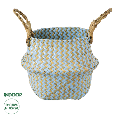 GloboStar® Artificial Garden SKYROS 20340 Διακοσμητικό Ψάθινο Καλάθι - Κασπώ Γλάστρα - Flower Pot Μπλε με Καφέ Φ18cm x Υ20cm