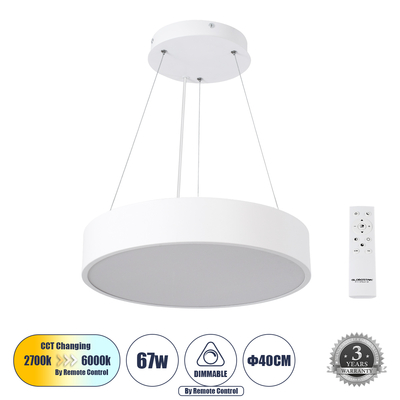 GLOBOSTAR® BURTON 61201 Μοντέρνο Κρεμαστό Φωτιστικό Οροφής LED 67W 7370lm 120° AC 220-240V IP20 Ρυθμιζόμενο Λευκό CCT με Χειριστήριο από 2700K έως 6000K Dimmable - Lumileds SMD Chip - Λευκό Ματ - Μ40 x Π40 x Υ8cm - 3 Χρόνια Εγγύηση