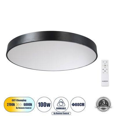 GLOBOSTAR® BURTON 61204-S Μοντέρνο Φωτιστικό Οροφής LED 100W 11020lm 120° AC 220-240V IP20 Ρυθμιζόμενο Λευκό CCT με Χειριστήριο από 2700K έως 6000K Dimmable - Lumileds SMD Chip - Μαύρο Ματ - Μ80 x Π80 x Υ8cm - 3 Χρόνια Εγγύηση