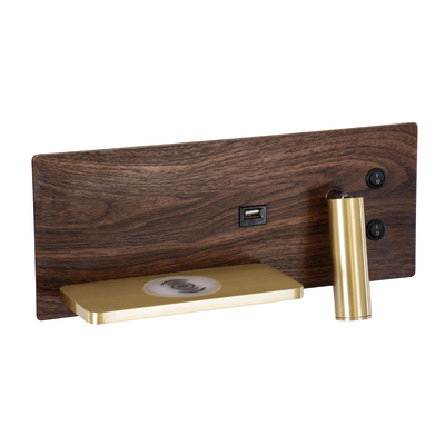 GLOBOSTAR® PALADIN 61361 Μοντέρνο Φωτιστικό Τοίχου - Απλίκα Ξενοδοχείου Reading Light με Φορτιστή USB 3A & Wireless 20W LED 6W 720lm 36° & 360° AC 220-240V IP20 Φυσικό Λευκό 4500K - Bridgelux COB Chip & TÜV SÜD Driver - Καφέ & Χρυσό Βούρτσας - Μ30 x Π11 x Υ12cm - 3 Χρόνια Εγγύηση