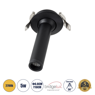 GLOBOSTAR® DALE 60371 Χωνευτό Κινούμενο Downlight Σποτ LED 5W 500lm 36° AC 220-240V IP20 Θερμό Λευκό 2700K - Bridgelux COB Chip & TÜV SÜD Driver - Μαύρο Ματ - Μ6.8 x Π6.8 x Υ10cm / Q5.5cm - 5 Χρόνια Εγγύηση