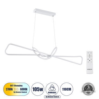 GLOBOSTAR® DOLORES 61280 Μοντέρνο Κρεμαστό Φωτιστικό Οροφής LED 105W 11760lm 300° AC 220-240V IP20 Ρυθμιζόμενο Λευκό CCT με Χειριστήριο από 2700K έως 6000K Dimmable - Lumileds SMD Chip - Λευκό Ματ - Μ110 x Π17 x Υ17.5cm - 3 Χρόνια Εγγύηση
