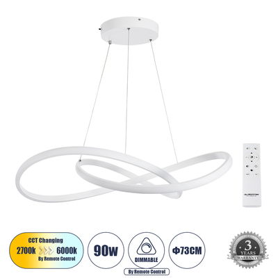 GLOBOSTAR® DEXTER 60914 Μοντέρνο Κρεμαστό Φωτιστικό Οροφής LED 90W 10080lm 300° AC 220-240V IP20 Ρυθμιζόμενο Λευκό CCT με Χειριστήριο από 2700K έως 6000K Dimmable - Lumileds SMD Chip - Λευκό Ματ - Μ73 x Π73 x Υ16cm - 3 Χρόνια Εγγύηση