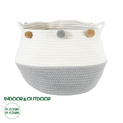 GloboStar® Artificial Garden KYTHNOS 20313 Διακοσμητικό Πλεκτό Καλάθι - Κασπώ Γλάστρα - Flower Pot Γκρι με Λευκό Φ25cm x Υ24cm