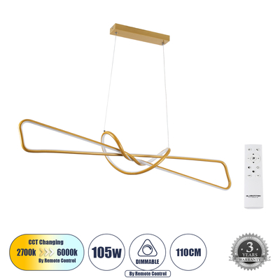GLOBOSTAR® DOLORES 61282 Μοντέρνο Κρεμαστό Φωτιστικό Οροφής LED 105W 11760lm 300° AC 220-240V IP20 Ρυθμιζόμενο Λευκό CCT με Χειριστήριο από 2700K έως 6000K Dimmable - Lumileds SMD Chip - Χρυσό Βούρτσας - Μ110 x Π17 x Υ17.5cm - 3 Χρόνια Εγγύηση