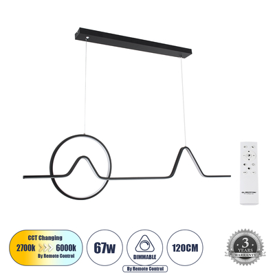 GLOBOSTAR® WINDY 61292 Μοντέρνο Κρεμαστό Φωτιστικό Οροφής LED 67W 7504lm 300° AC 220-240V IP20 Ρυθμιζόμενο Λευκό CCT με Χειριστήριο από 2700K έως 6000K Dimmable - Lumileds SMD Chip - Μαύρο Ματ - Μ120 x Π4 x Υ30cm - 3 Χρόνια Εγγύηση