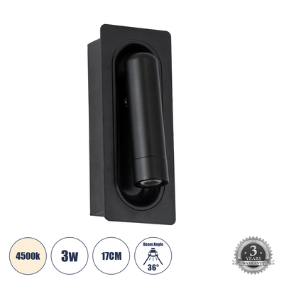 GLOBOSTAR® MANHATTAN 61097 Μοντέρνο Φωτιστικό Τοίχου - Απλίκα Ξενοδοχείου Reading Light LED 3W 405lm 36° AC 220-240V IP20 Φυσικό Λευκό 4500K - Bridgelux COB Chip & TÜV SÜD Driver - Μαύρο - Μ7 x Π7 x Υ17cm - 3 Χρόνια Εγγύηση