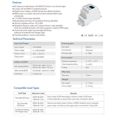 GLOBOSTAR® SKYDANCE-S1-DR 70670 AC Trailing Edge DMX Dimmer Ράγας με 2 x 1.5A 360W Κανάλια AC 220-240V 3A 720W Max IP20 - DMX512 & RDM - Μ11.5 x Π5 x Υ6.5cm - 5 Χρόνια Εγγύηση